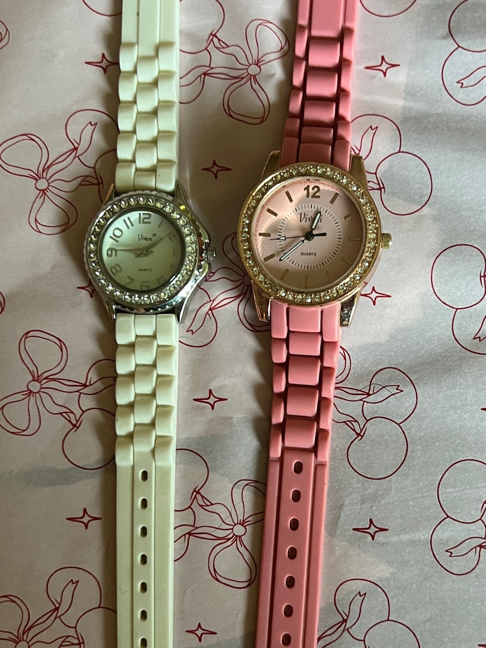 Viviani Pink and Cream Rhinestone Watches - Set of 2